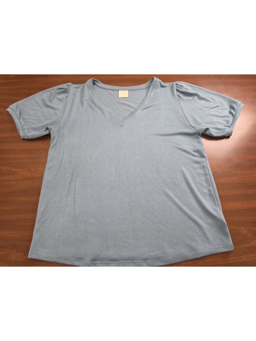 Mod Ref XL Blue Short Sleeve V Neck Knit Puff Sleeve Shoulder Swing Top Casual